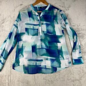 ANA A NEW APPROACH Abstract Print Sheer Long Sleeve Button Up Shirt Womens M